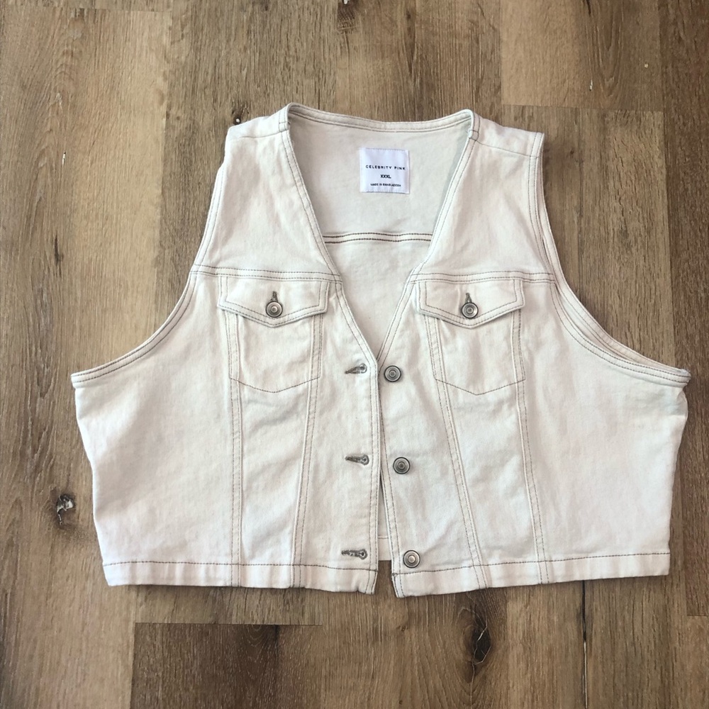 Cream Cropped Button Front Denim Vest